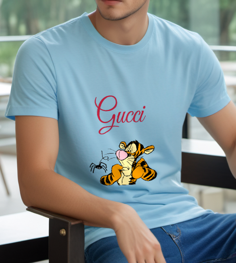 Sky Blue Tiger and Spider Graphic T-Shirt - styled view 3