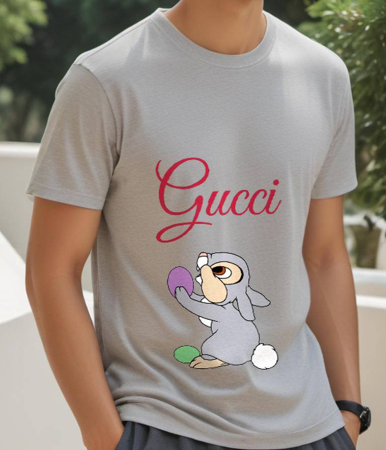 Light Gray Rabbit with Colorful Eggs Graphic T-Shirt - styled view 5