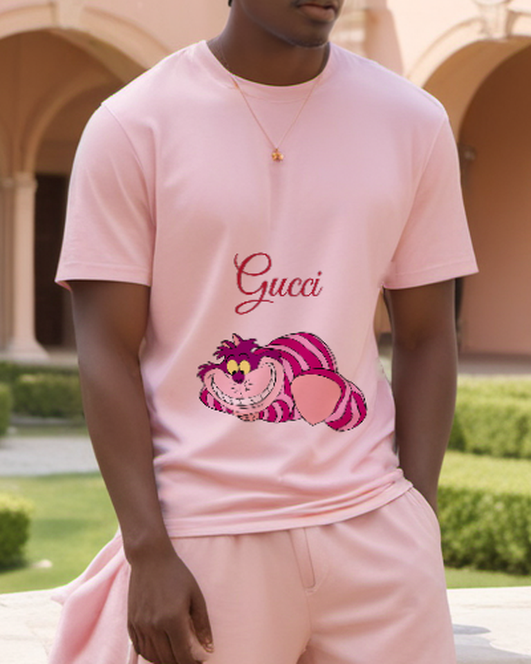 Dusty Pink Striped Grinning Cat Graphic T-Shirt - styled view 3
