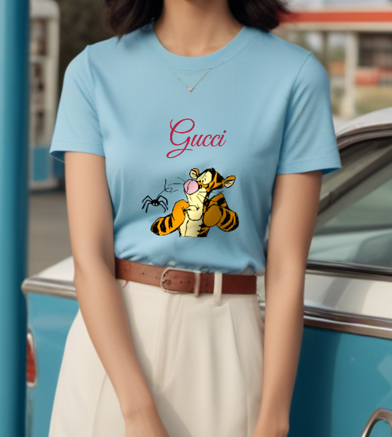 Sky Blue Tiger and Spider Graphic T-Shirt - styled view 4