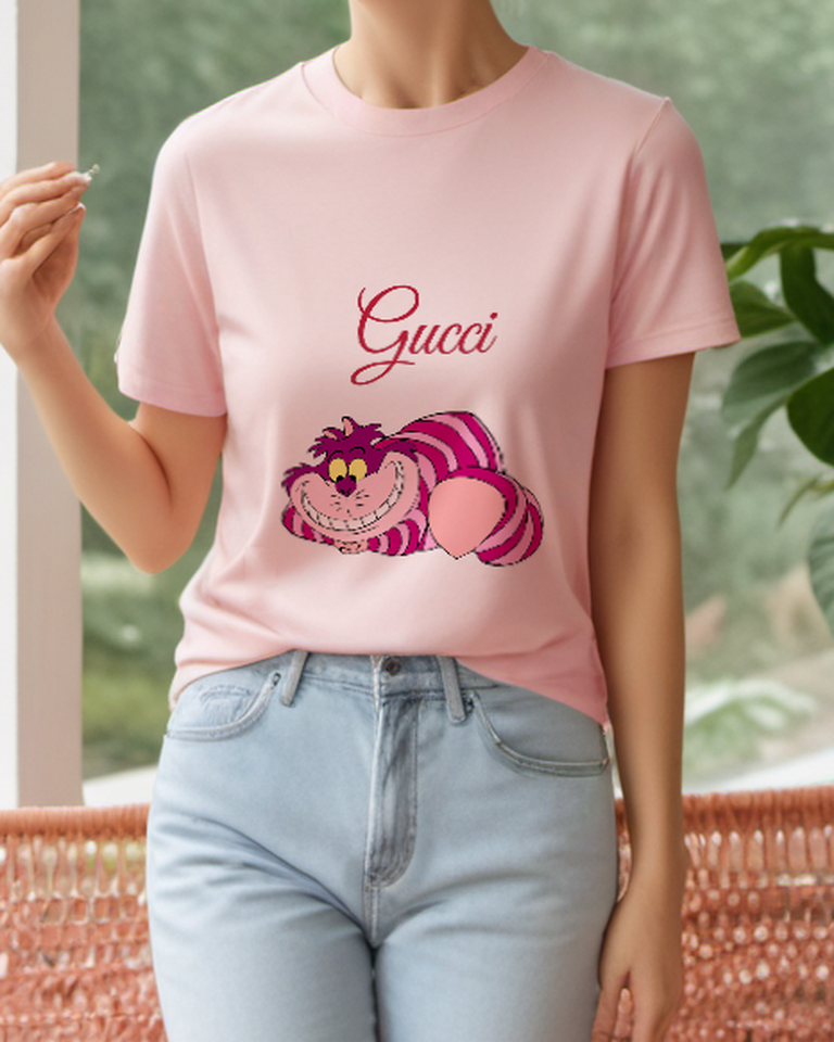 Dusty Pink Striped Grinning Cat Graphic T-Shirt - styled view 1